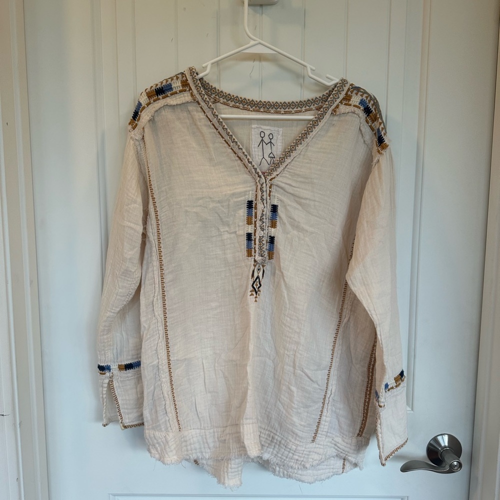 Johnny Was Boho Cream Embroidered Blouse-Size Large